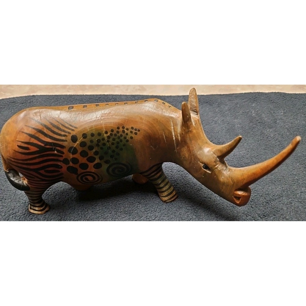 Vintage Muhuhu Wood from Kenya,‎ Hand carved and painted Rhinoceros